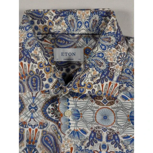 Eton Contemporary Fit Paisley Mosaic Dress Shirt Blue Orange 16.5 42 862414FO - Picture 4 of 9